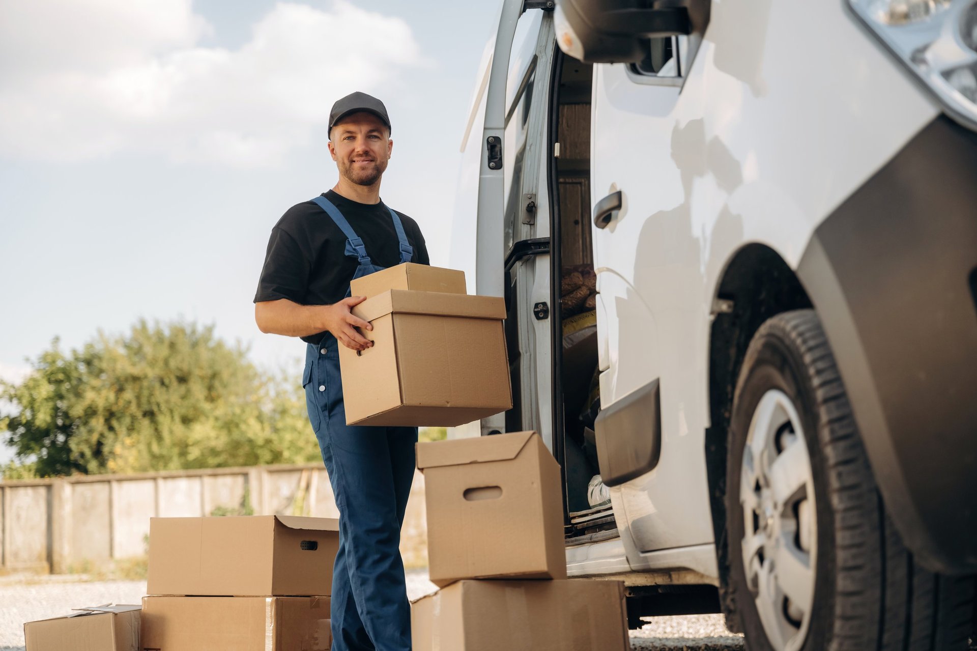 Guy courier is near the van, holding the packages.