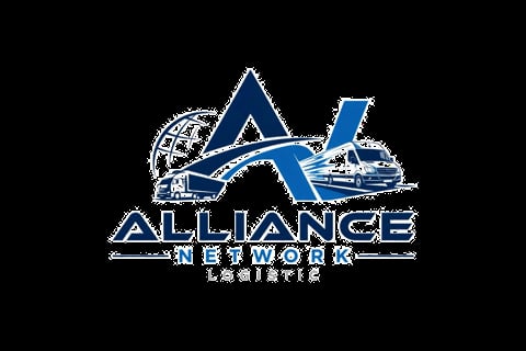 Alliance Network Logistic logo featuring a large A with globe, truck, and van icons in blue